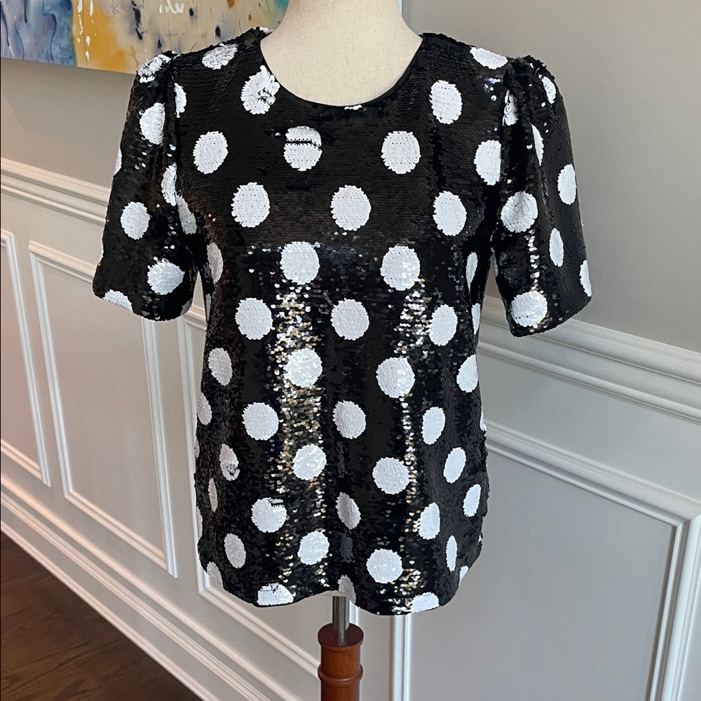 Maison Jules Black and White Sequin Polka Dot Blouse